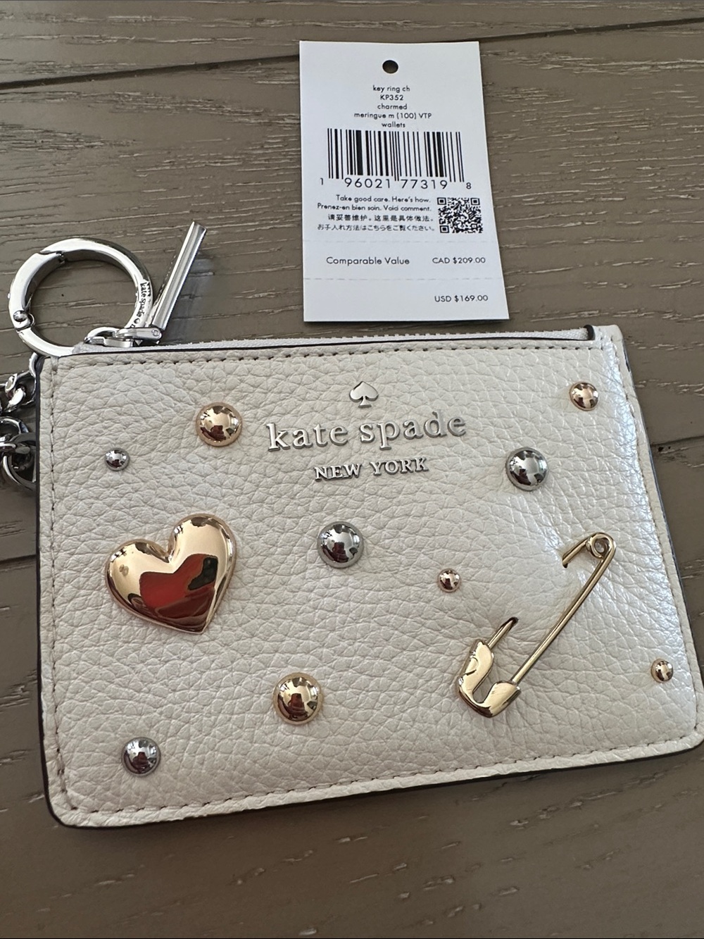 kate spade White Leather Studded Heart & Safety Pin Key Card Holder